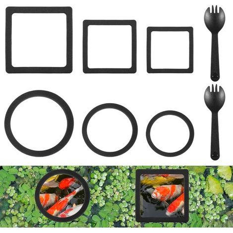 6 anillos para comida de peces，Barrera flotante de EVA negra para plantas de acuario，soporte flotante para plantas (3 redondos + 3 cuadrados) (1/2)