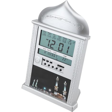 Horloge de prière islamique musulmane Azan, alarme de prière numérique, horloge de table argentée, pile non incluse. (1/5)