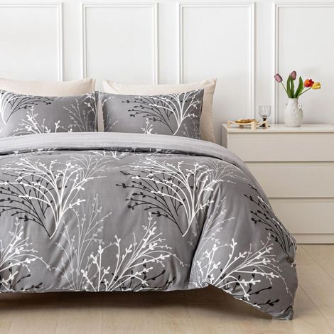 Ensemble de literie King Size 230x220 cm, microfibre, réversible, gris/motif floral