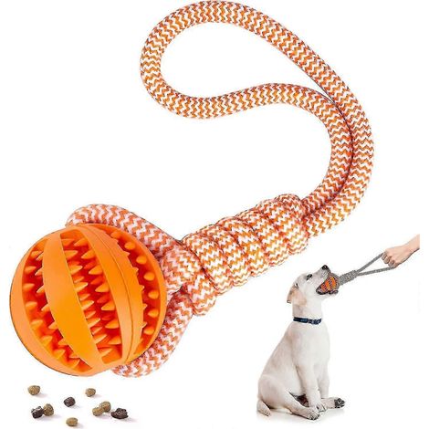 Balle pour chien avec corde, balle indestructible, balle en caoutchouc avec corde, jouet à mâcher adapté aux chiens de toutes tailles, soin dentaire orange. (1/5)