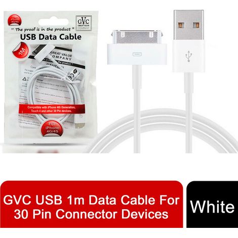 GVC USB To 30 Pin Connector Data Cable For Syncing & Charging, 1 Metre - White (1/5)