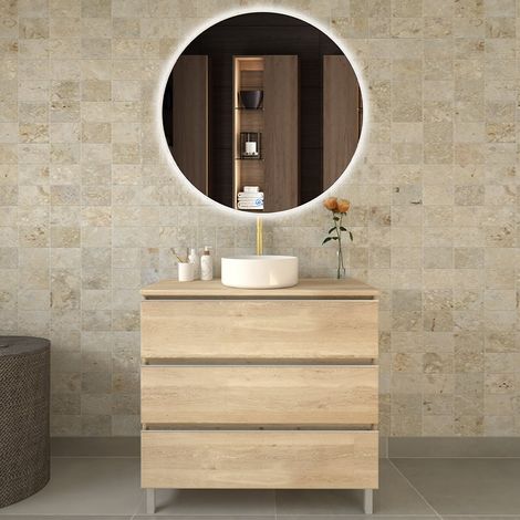 Meuble de salle de bain avec vasque à poser ronde - bambou (chêne clair) - PALMA et miroir Led SOLEN - 80cm (1/5)