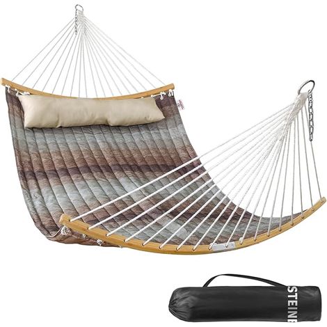 Double Hammock 335cm Quilted Fabric Outdoor Hammock with Pillow, Folding Curved Spreader Bar, Chains, Carry Bag, 204kg Capacity, Aqua Green (1/5)