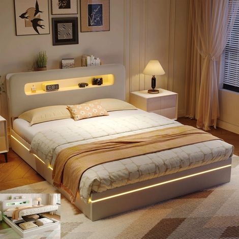 Lit coffre LED 140×200 cm Lit adulte Lit double rembourré avec tête de lit rangement et sommier à lattes - velours beige - Moderne (1/5)