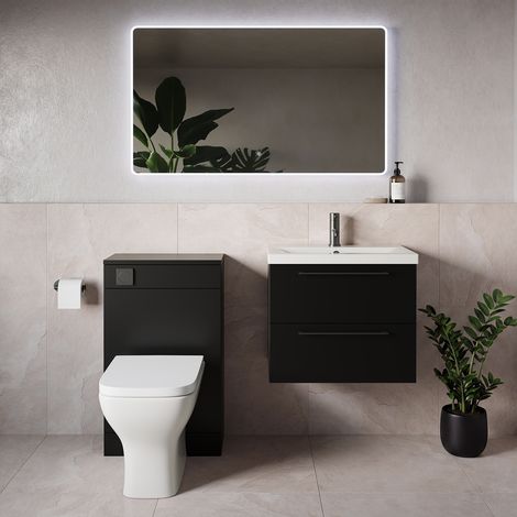 Napoli 390 Matt Black 1100mm Wall Mounted 2 Drawer Vanity Unit and Toilet Suite with Glide Basin - 1100mm - Gunmetal Grey 320mm HandleWith Kingston Toilet Pan and Seat