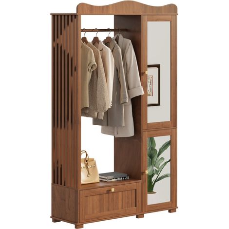 Armoire avec miroir et penderie ouverte 115,5x38,5x194,5 cm, rangement avec tiroir et 2 portes pour chambre et entrée - noyer (1/5)