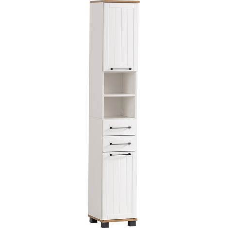 Badezimmer Hochschrank in weiß matt mit Eiche Nb. JAUSA-80 Landhaus-Stil, B/H/T ca. 30,3/180,9/32,6 cm (1/5)