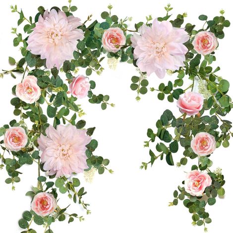 Künstliche Blumengirlande 190cm mit Dahlien und Rosen, Deko für Hochzeit & Wand (1/4)