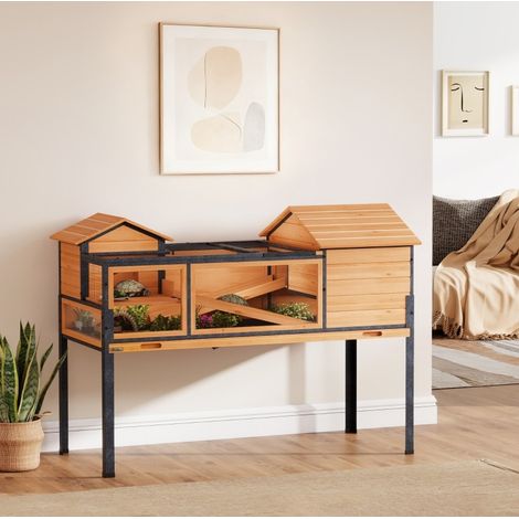 Tartarughiera in legno a 2 livelli con finestre e rampe, gialla, OKWISH (1/5)