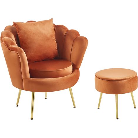 Poltrona Camera da Letto e Salotto in Velluto con Poggiapiedi Contenitore - Poltroncina Conchiglia con Gambe in Metallo Placcato Oro - Design Moderno, Seduta Morbida con Cuscino - Sedia in Velluto Rug (1/5)
