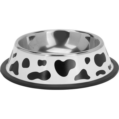 Bol pour animaux de compagnie en acier inoxydable, mangeoire ronde à motif de vache avec fond en anneau en caoutchouc pour petit chat et chien, diamètre 18cm/ 7,1 pouces (1/5)