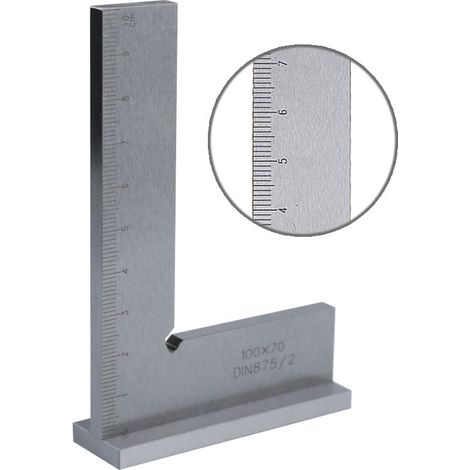 Escuadra de carpintero de 100 x 70 mm y 90°, con tapa de acero, base y escala DIN 875, con tope, para trabajos de carpintería de precisión. (1/5)