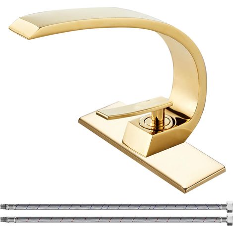 Robinet d'évier de cuisine, mitigeur, laiton, bec courbé, montage sur plan, avec flexible, pour lavabo et vasque (1/4)