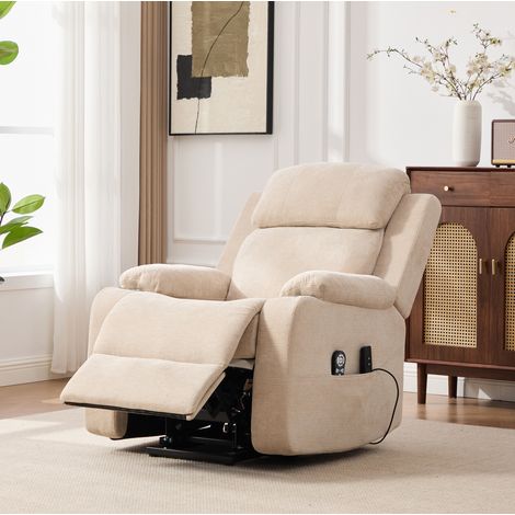 MODFU – Sillón relax eléctrico elevable con masaje calefactor y tapizado de chenilla – Caqui claro (1/5)