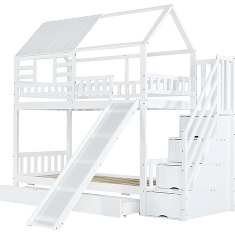 [318719012WAA] Lit superposé avec escalier et toboggan, lit cabane, escalier avec rangement, cadre en pin et MDF, lit enfant avec fenêtre et toit, avec barrière de sécurité et tiroir, blanc, 90x200cm2 (1/5)