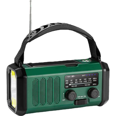 Radio de emergencia con linterna LED, radio portátil NOAA AM/FM con batería externa de 10.000 mAh, color verde militar. (1/5)