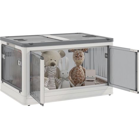 Boîte de rangement pliable et empilable 99L en plastique avec couvercle et 4 roulettes, accès à 5 côtés, blanc