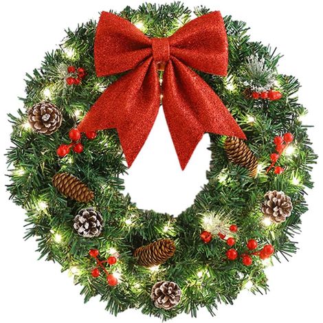 Guirlande couronne porte 40 cm pommes de pin poinsettia lumineuse LED (1/5)