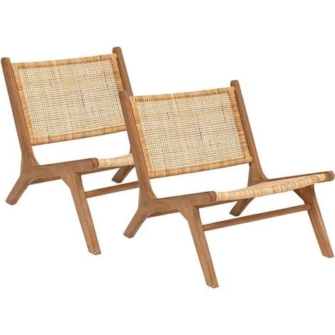 Lot de 2 Fauteuil chaise en teck et tressage en rotin - Longueur 65 x largeur 80 x Hauteur 71 cm (1/5)