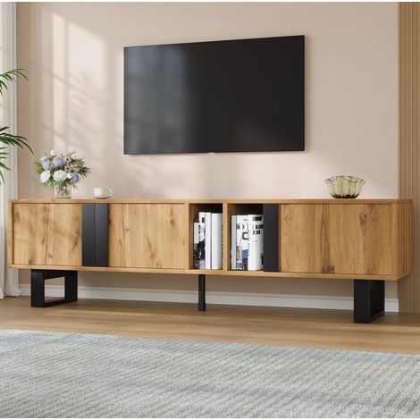 Mueble TV 160 x 40 x 50 cm con 3 puertas, huecos abiertos y pasacables, natural DESVIAE (1/5)