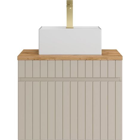 Mobile bagno sospeso scanalato beige con lavabo da appoggio quadrato e rubinetto 60 cm - SATARA (1/4)