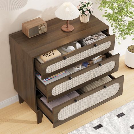 Commode 3 tiroirs moderne bois et rotin 40x80x79.5 cm, finition chêne clair, pieds bois, kit anti-basculement, grand rangement pour chambre et salon (1/5)