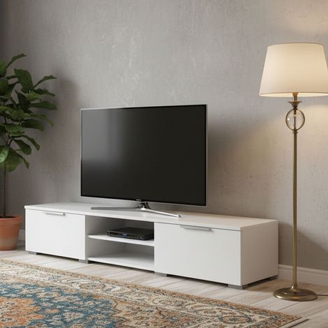 Dmora - Mobile porta TV Ammiro, Credenza da soggiorno, Armadio basso per TV, Base parete attrezzata, 173x40 h33 cm, Bianco lucido (1/5)
