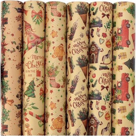 Papier Cadeau Noël,12 Feuilles Papier D'emballage De Noël,Papier Kraft Emballage Cadeau Noel,Recyclé Papier Cadeau Kraft 70x50CM,pour Présent Cadeau Noël (1/4)