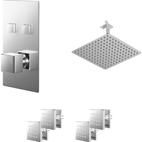 Cubix Polished Chrome Push Button Diverter Concealed Thermostatic Shower Valve and 300mm Square Head with 150mm Ceiling Arm and 4 Body Jets - 2 Outlet (1/5)