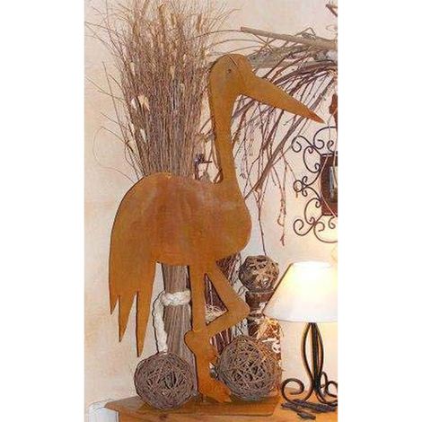 Figurine Cigogne de Décoration de Jardin en Métal Patiné Rouille avec Socle 80 cm - PANGIVO