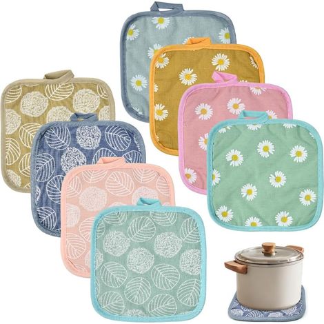 Maniques Résistantes à la Chaleur 8 Pièces Maniques Cuisine Gant Cuisine Four Épaisses Set de Coton Recyclé Rempli Manique Mitaines de Four avec Trous de Suspension pour Cuisine (17 x 17 cm) (1/5)