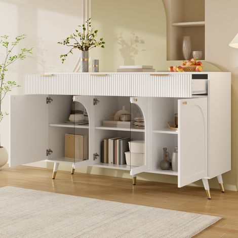 Credenza 140x40x85.5 cm, 4 ante trasparenti, 3 cassetti, MDF e pannello truciolare bianco (1/5)