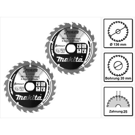 Makita CCM13625E SPECIALIZED EFFICUT Sägeblatt 2 Stk. ( 2x E-12120 ) 136 x 1,4 x 20 mm 25 Zähne für Holz (1/5)