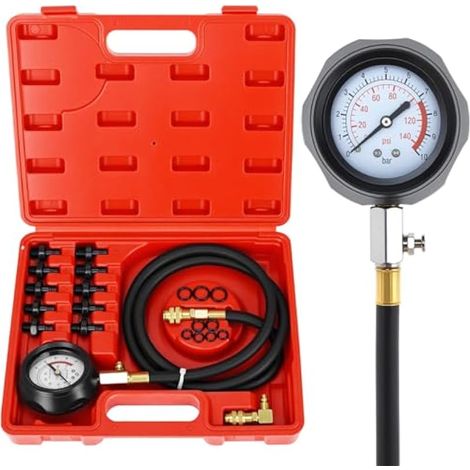 Manomètre de pression d'huile, 140 PSI / 10 bar, kit de test pour cylindres de moteur avec 10 adaptateurs, pour voitures, motos et tracteurs (1/4)