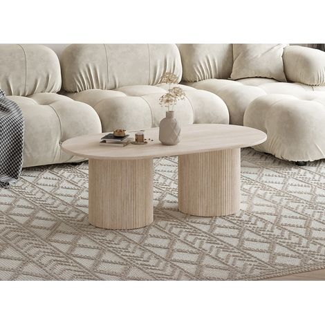 Deco In Paris – Table basse ovale en marbre composite beige – Dimensions 70x130x45 cm – Design contemporain avec pieds larges – Idéale pour salons modernes