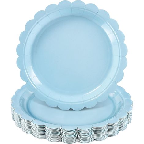 Lot de 30 Assiettes en papier, Bord festonné, Bleu clair, 22,9 cm, Pour mariage et anniversaire