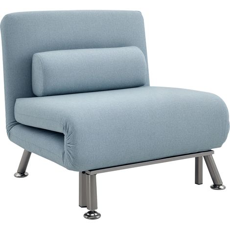 Single Sofa Chair Bed, Linen Fabric 3-in-1 Convertible Sleeper Chair with 5-Position Adjustable Backrest, 75cm Wide Seat, Pillow for Living Room, Bedroom, Sky Blue