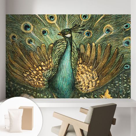 Papier peint intissé avec imprimé pour décoration intérieure pour rénovation a motif - Colle incluse gratuite Paon majestueux 104x70 cm (1/5)