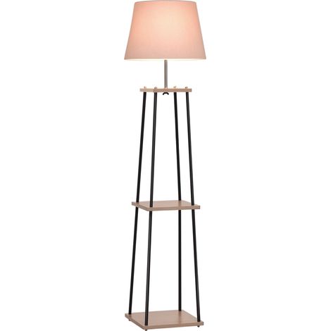 Lampadaire design contemporain dim. 40L x 40l x 160H cm 40 W max. 3 étagères intégrées bois massif pin métal noir lin beige (1/5)