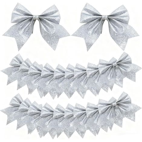 20er-Packung silberne Christbaumschleifen, Christbaumschmuck-Schleifen mit Glitzer für den Weihnachtsbaum (1/5)
