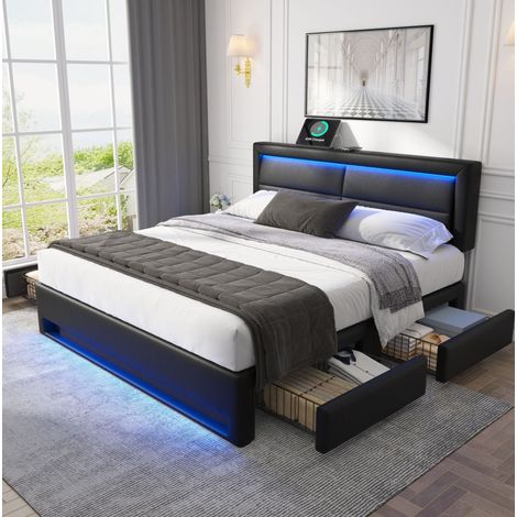 MEUBLIV Lit 140x200 cm noir – LED, USB et 4 tiroirs, sans matelas (1/5)