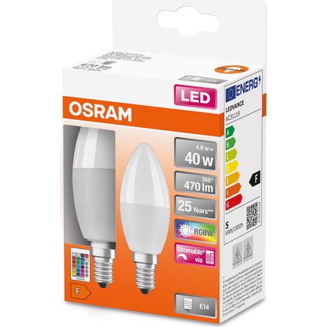OSRAM LED STAR+ RGBW lampada LED smerigliata per base E14, i colori RGBW possono essere cambiati dal telecomando, forma di candela, sostituzione di lampadine convenzionali 40W, confezione doppia (1/4)