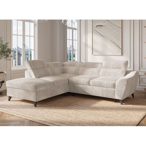 Deco In Paris – Canapé d'angle convertible en velours côtelé épais beige – Coffre de rangement intégré – Dimensions 258x222x83 cm – Couchage 165x176 cm (1/5)
