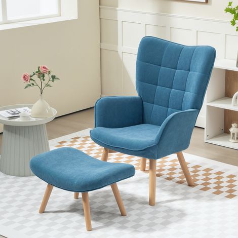 Poltrona con poggiapiedi 72x80x101 cm blu in velluto a coste con schienale alto e design trapuntato (1/3)