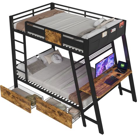 CHICFURN Litera metálica 90x200 cm con escritorio integrado, enchufes europeos, USB y Type-C, LED ambiental y almacenaje, negro para dormitorio juvenil (1/5)
