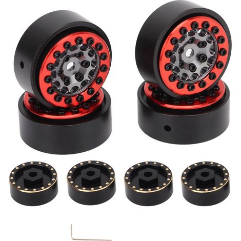 4 Roues Jantes RC avec Contrepoids 12 Trous Ronds, Jantes Beadlock Titane Rouge pour FMS 1/24 FCX24, Pneus et Moyeux de Rechange (1/5)