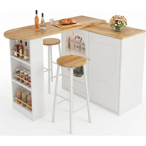 Table Bar Extensible Blanc,Avec 2 Tabourets de Bar,1 Tiroirs et 2 Portes,Rotation 360°,MDF et Métal,138-204×39×105cm (1/5)