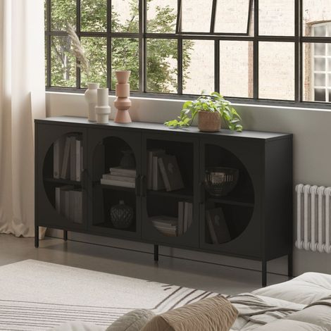 Drawer – Buffet en métal 4 portes treillis noir 160x40x90 cm – Étagères spacieuses – Pieds 15 cm pour nettoyage facile - 160x40x90H (1/5)