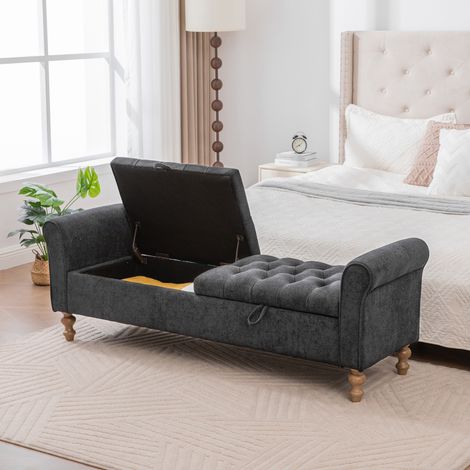 Banquette moderne avec 2 couvercles et rangement, pouf en velours avec accoudoirs roulés, utilisable comme lit de jour, pieds en hévéa, pour salon, couloir, chambre à coucher, couleur : Charbon (1/5)