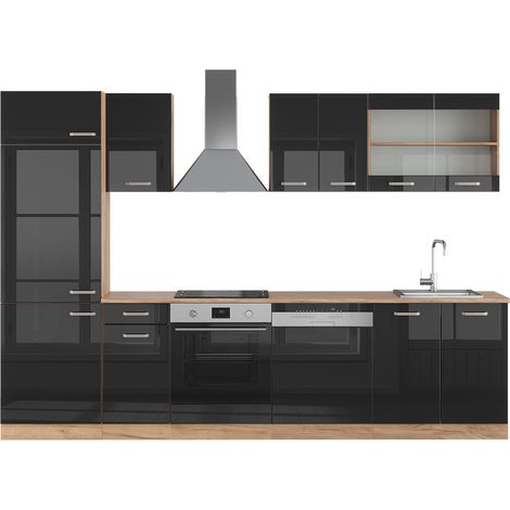 Cuisine R-Line, Noir brillant/Chêne doré, 300 cm , PT Chêne, Vicco